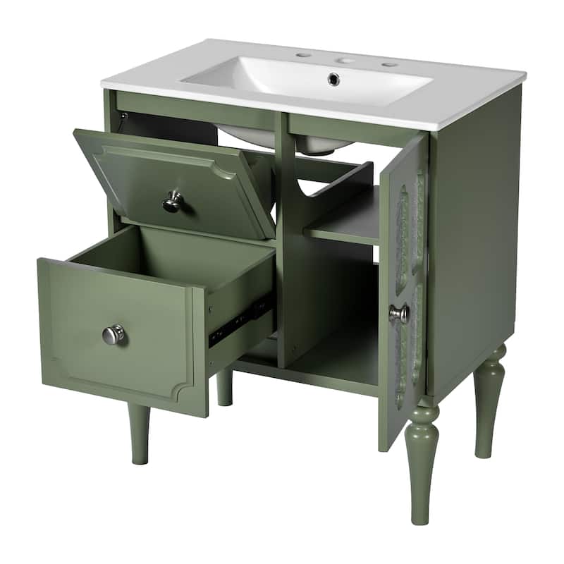 Bathroom Vanity with Ceramic Sink, Single Vanity with Tip-Out Drawer, Storage Cabinet with Glass Doors and Drawers