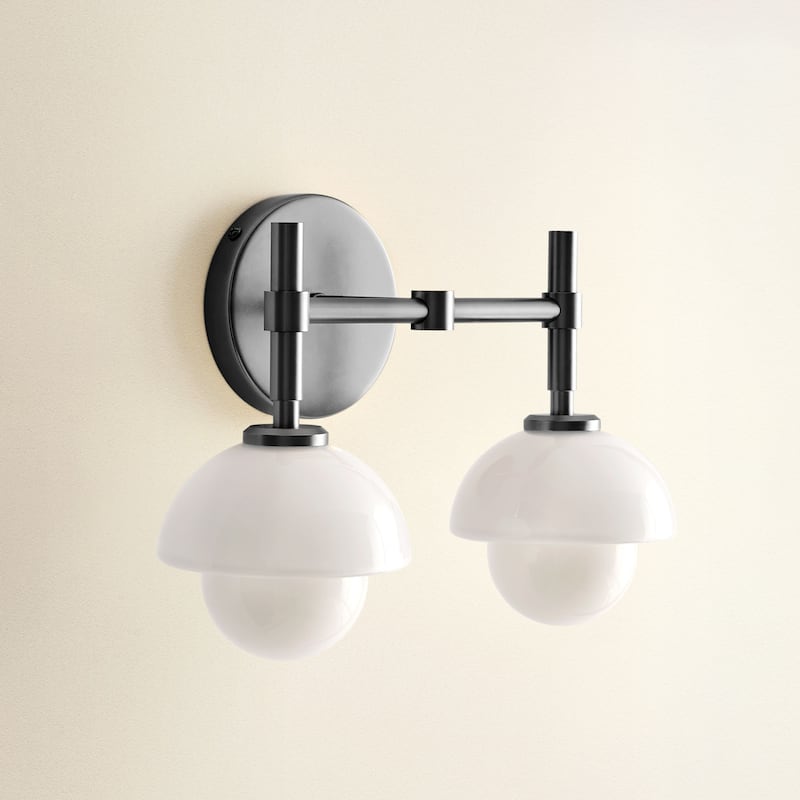 Modern Pod Double Armed Sconce Metal, Glass & Matte Black, Ivory White 2-Light Sconce for Bathroom or Bedroom in Modern Style - Matte-Black