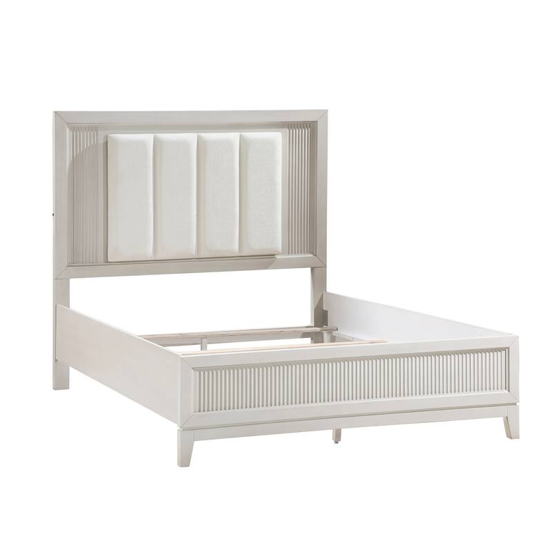 Queen Bed with LED Headboard and Upholstered Cushion, Reeded Fronts, Modern Bedroom Furniture - Antique White Finish