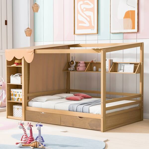 slide 2 of 45, Full Size House Bed with Wardrobe, Drawers, and Curtain, Natural Wood Finish Natural