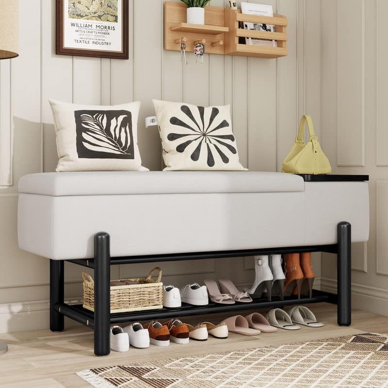 Modern 47.2" Upholstered Storage Bench with Hidden Compartment for Entryway and Living Room