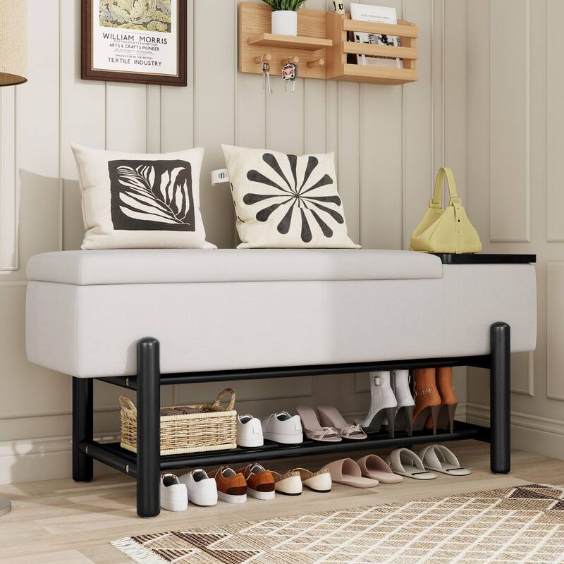 Modern 47.2" Upholstered Storage Bench with Hidden Compartment for Entryway and Living Room - Black