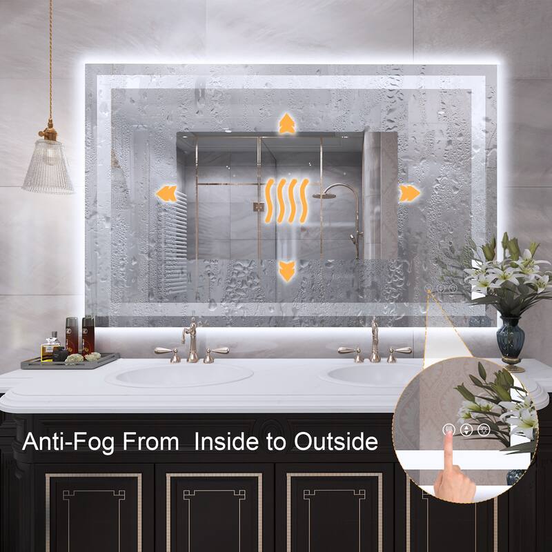 48 in. W x 32 in. H Rectangular Tempered Glass Frameless Anti-Fog Dimmable Wall Mounted Bathroom Vanity Mirror
