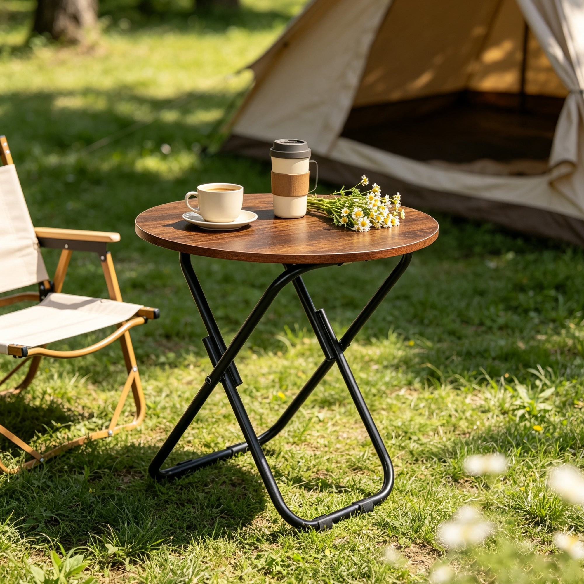 Javlergo Folding Round Table Portable X-Frame Metal Table Space-Saving Collapsible Side Table for Camping Living Room Bedroom