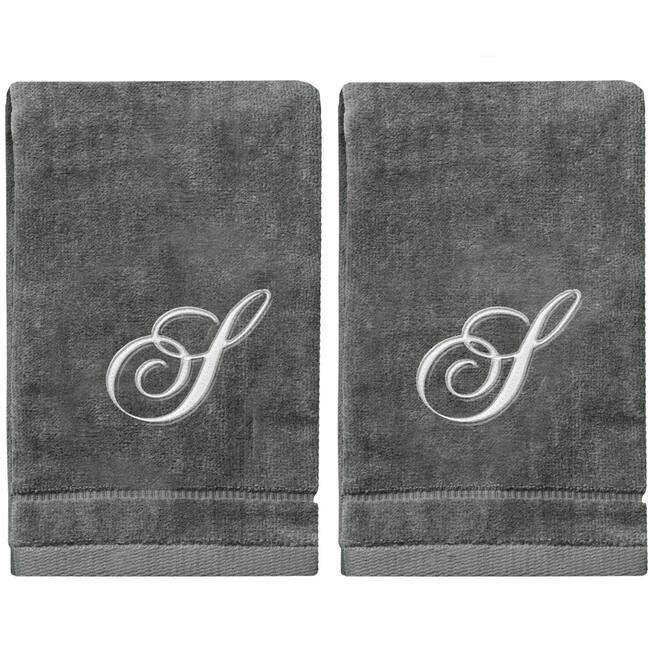 Soft Velour Silver Monogrammed Towels Fingertip - Set of 2 - S
