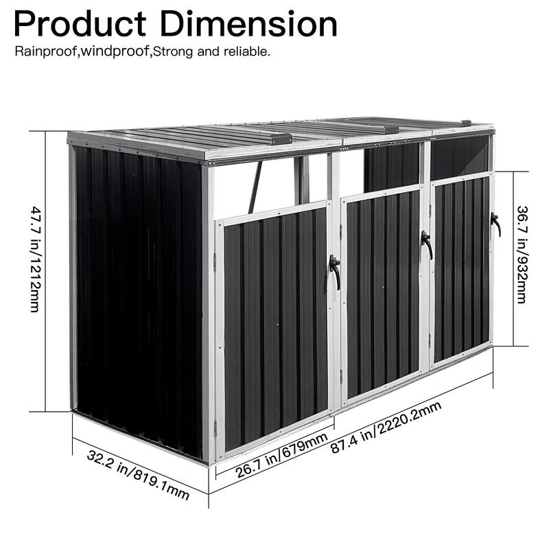 77 Cu.Ft Outdoor 3 Trash Cans Storage，Lockable Garbage Bin Storage, Galvanized Steel Storage Waterproof in Grey