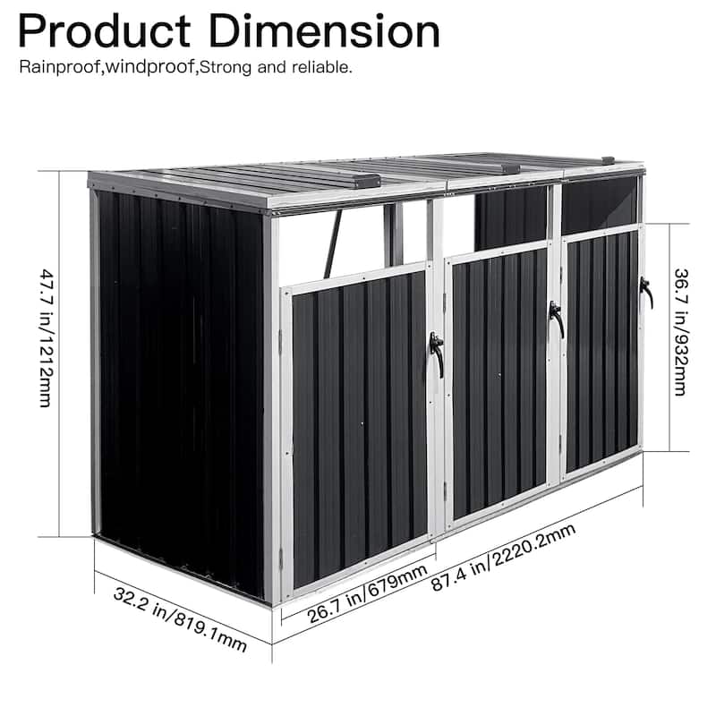 Garbage Bin Shed Stores 3 Trash Cans Metal Outdoor Bin Shed