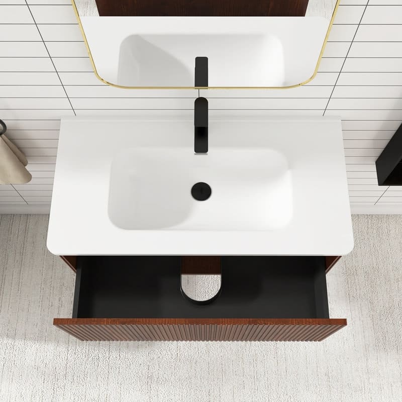36 inch Wall-Mounted Bathroom Vanity Set in Walnut with Integrated Ceramic Sink