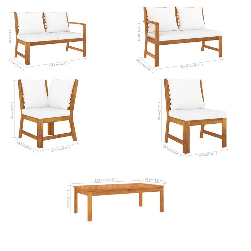Roma 6pc Outdoor Modular Sofa and Table Set, White Fabric, Brown Wood
