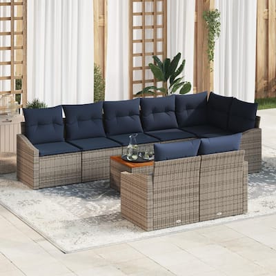 vidaXL 9 Garden Sofa Set with Cushions Black/Grey Poly Rattan - 113.8 x 48.6 x 27.2