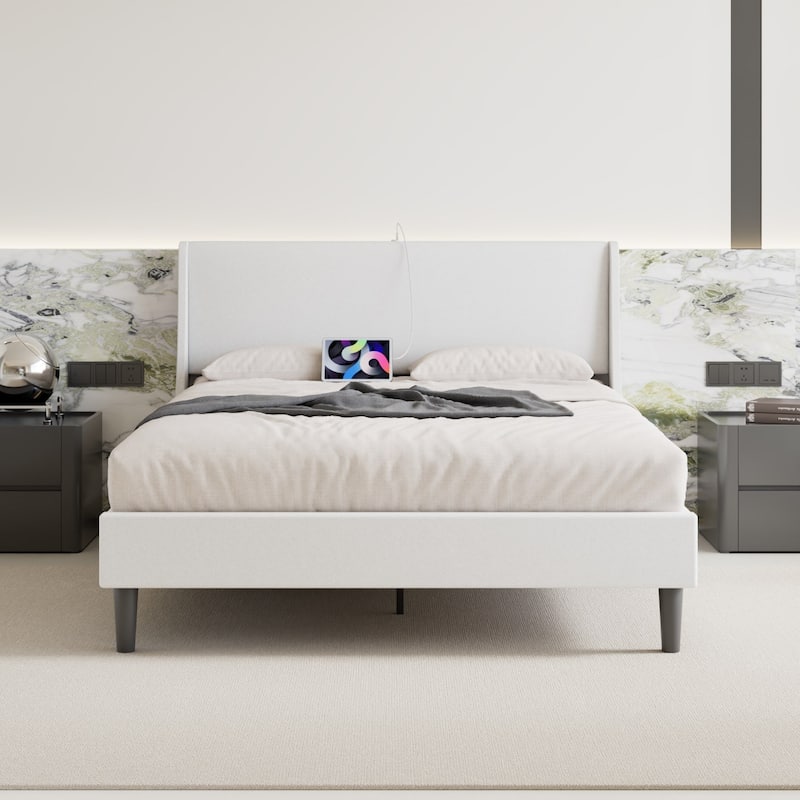 VECELO Bed Frame with Upholstered Wingback Headboard,Platform Bedframe with Charging Station & Side Pockets - White - Full