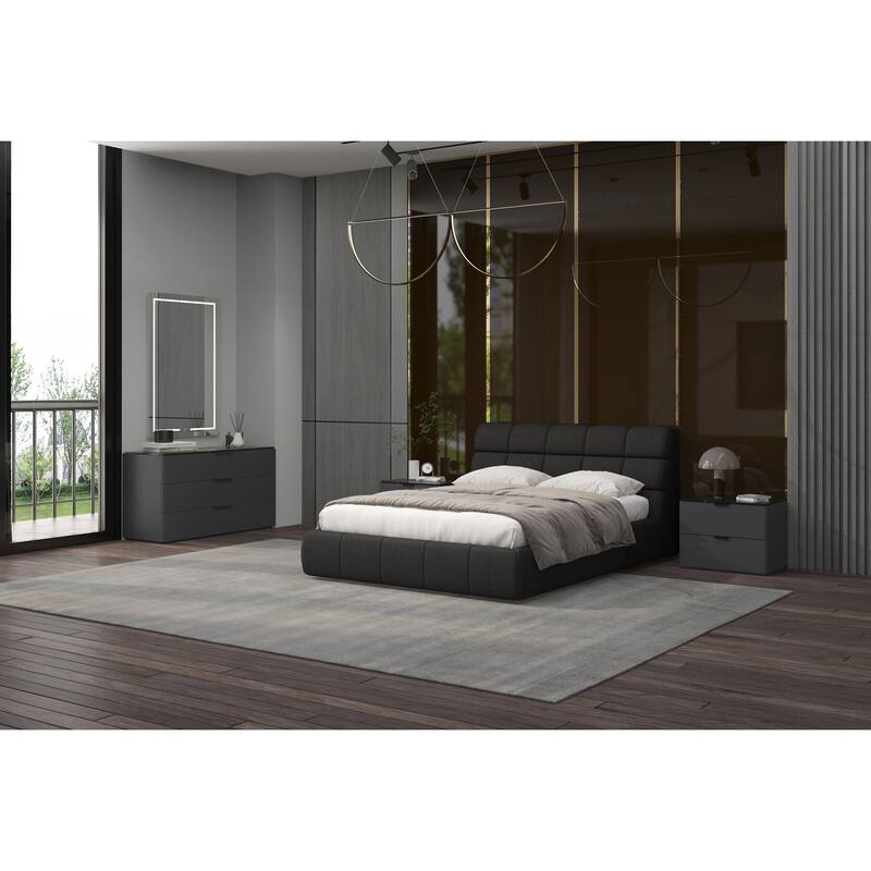 Queen Upholstered Bed - Dark Grey Padded Headboard & Base - Modern Bedroom Furniture
