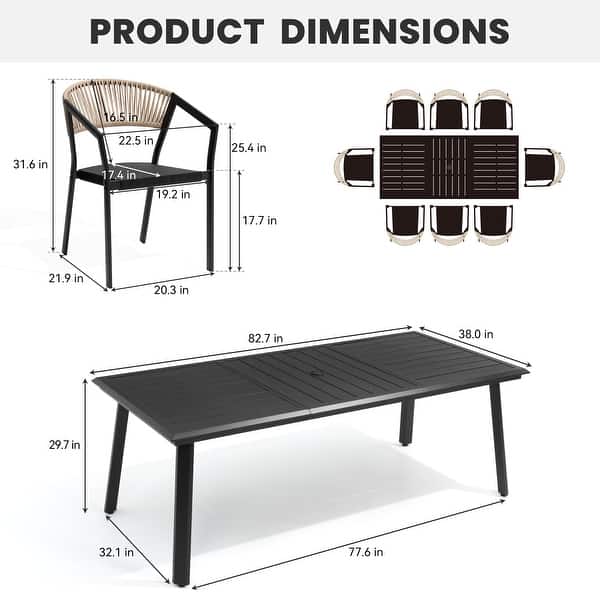 dimension image slide 5 of 7, 9/11/13-Piece Patio Dining Set Outdoor All-Weather Aluminum Dining Table and Woven Twist Wicker Stackable Chairs