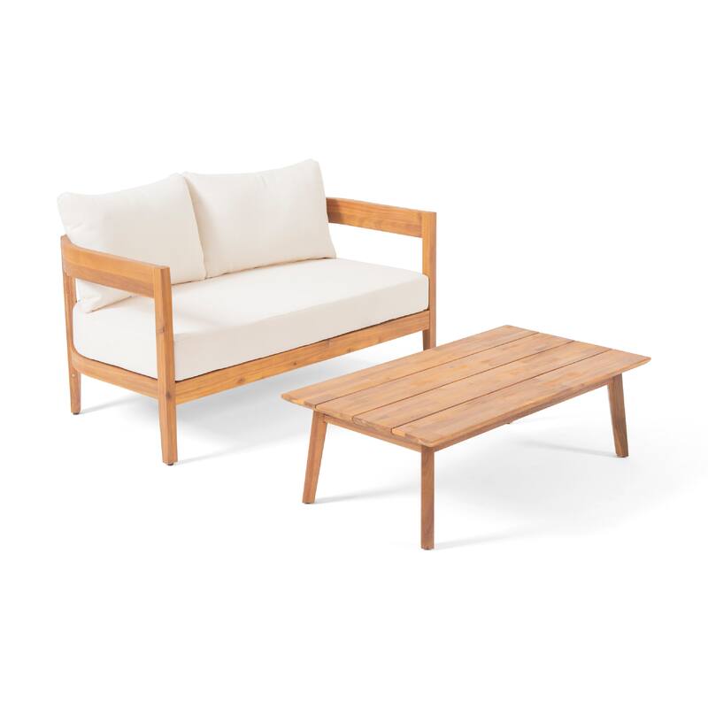 Loveseat and Coffee Table Outdoor Set, Slatted Brown Acacia Wood