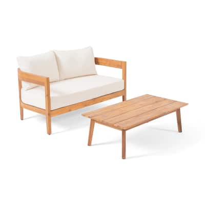 Loveseat and Coffee Table Outdoor Set, Slatted Brown Acacia Wood