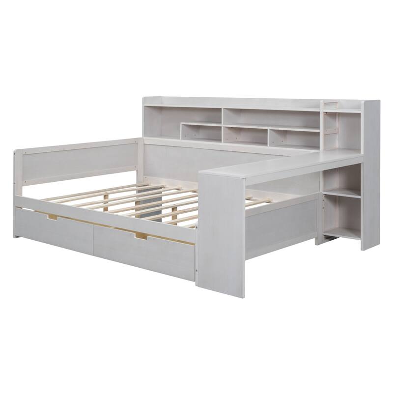 Wooden sofa bed with two storage drawers and desk