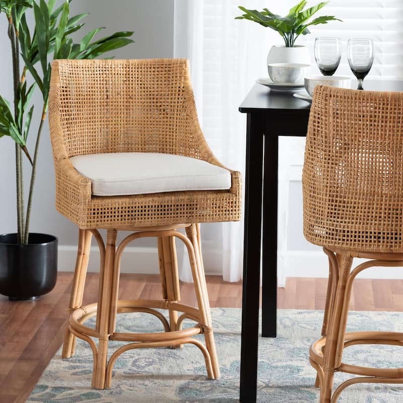 Bella Swivel Rattan Counter Stool with Cushion - Handwoven Wicker Kitchen Island Seating with Backrest and Footrest