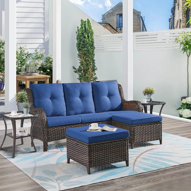 Gymojoy 5-Piece Outdoor Wicker Patio Furniture with 3 Seat Sofa, Rattan Coversation Set with Water Resistant Thick Cushions - Brown Wicker / Blue Cusion - 5-Piece
