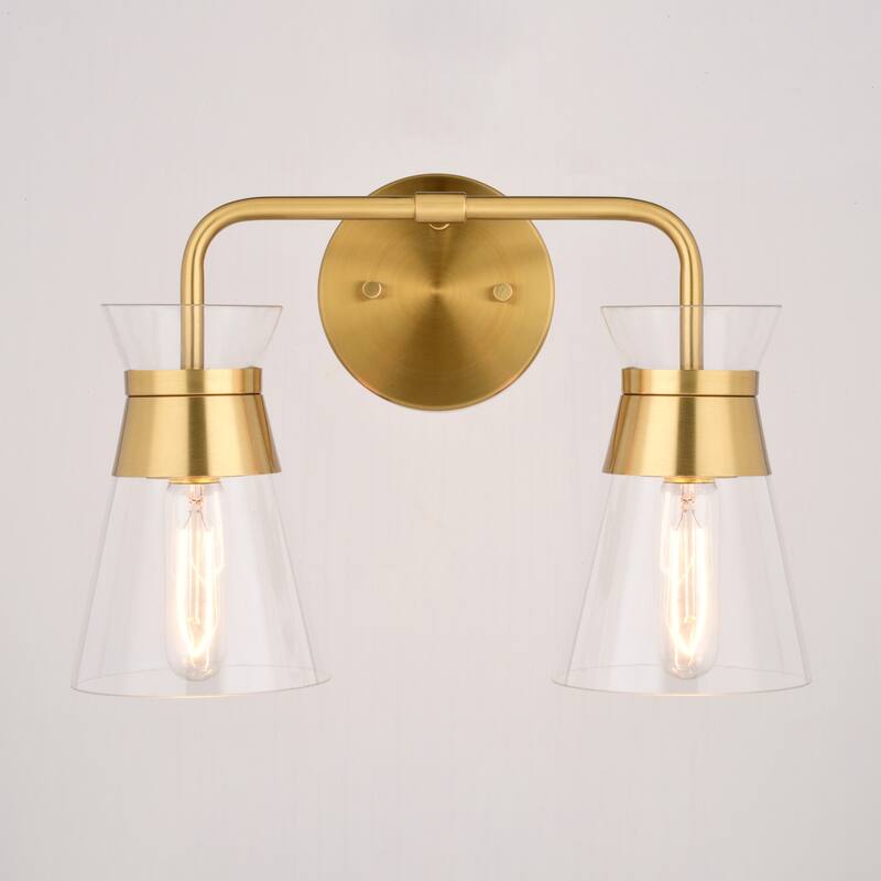VAXCEL Harper Natural Brass Gold Mid-Century Modern Bathroom Vanity Lighting Fixture, Clear Glass Shade, Wall Sconce