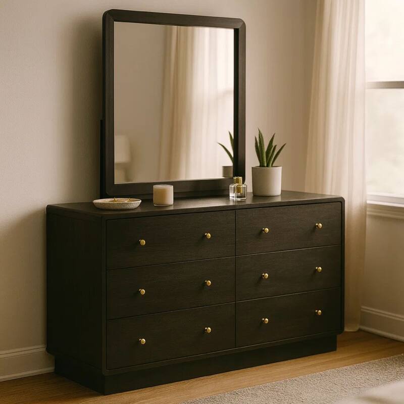 Cavy Wide Dresser with Matching Mirror, 6 Drawers, Black Wood, Gold