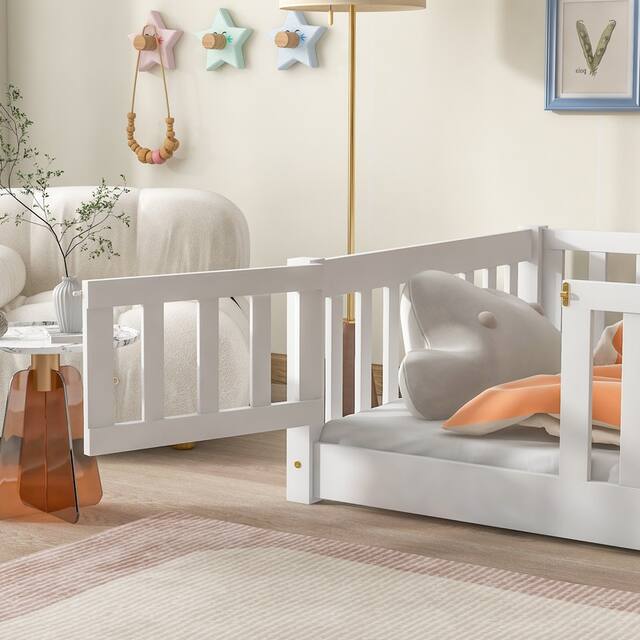 Twin/Full/Queen size Floor Platform Bed with Fence and Door for Kids, Toddlers