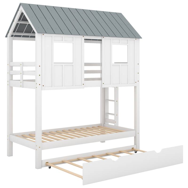 Twin Size House Bunk Bed with Roof and Windows, Space-Saving Design, Solid Wood Kids Bunk Bed Frame with Trundle & Guardrails