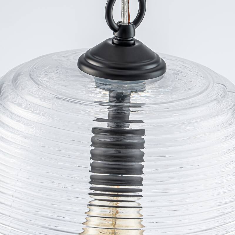 1-Light Modern Brushed Gold/Black Ribbed Clear Glass Dome Pendant Light with Adjustable Hanging Chain