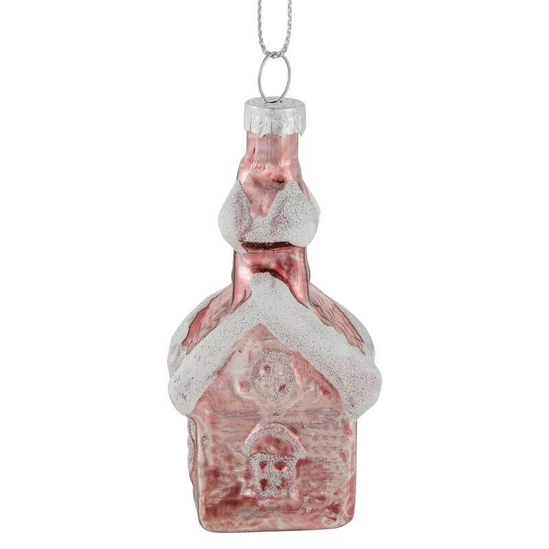 3.25" Snow Covered Pink Church Glass Christmas Ornament