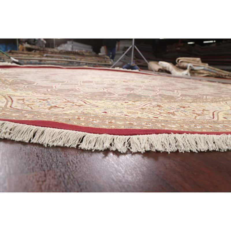 Wool/ Silk Vegetable Dye Floral Qum Oriental Area Rug Handmade Carpet - 10'1" x 10'2" Round