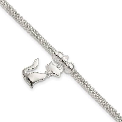 925 Sterling Silver Cubic Zirconia Cat Charm Bracelet, 7.5" (W-11.61mm)