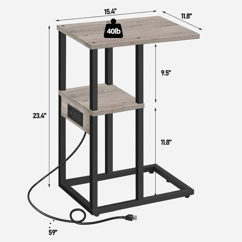 C Shaped End Table with Charging Station - 11.8"D x 15.4"W x 23.4"H