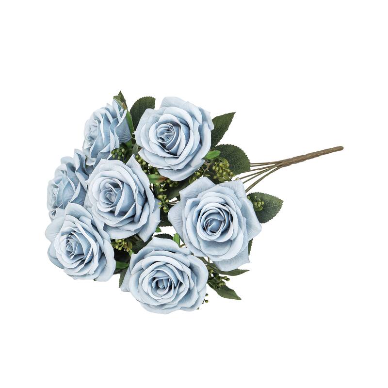 Set of 2 Dusty Blue Artificial Queen Tea Rose Flower Stem Bush Bouquet 17in - 17" L x 9" W x 9" DP