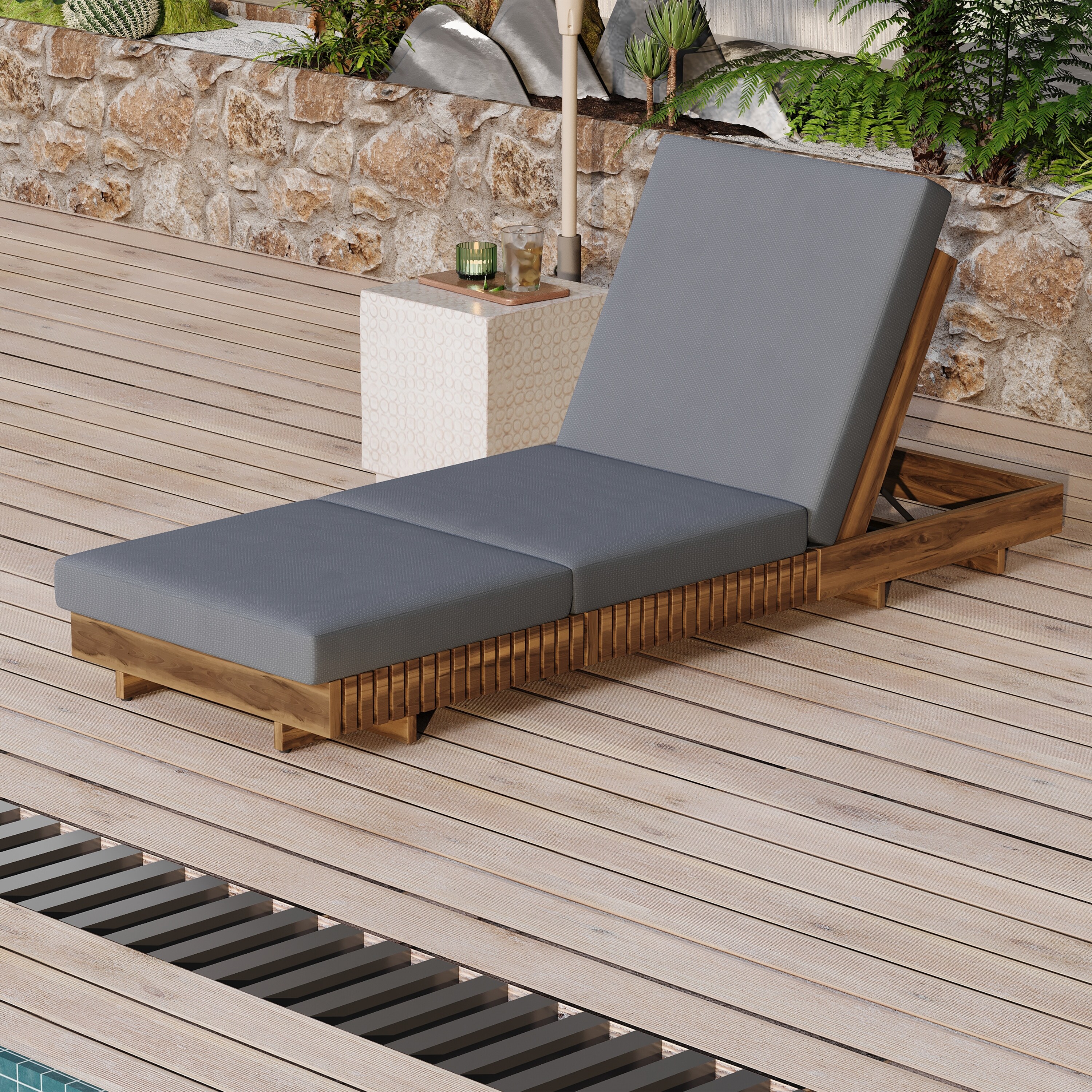 Roomfitters Outdoor Acacia Wood Chaise Lounge with Water-Resistant Triple-Fold Cushions Dark Grey