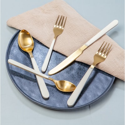 5pc Flatware Place Setting Gold w/ White Resin Handles in Giftbox - Gold & White
