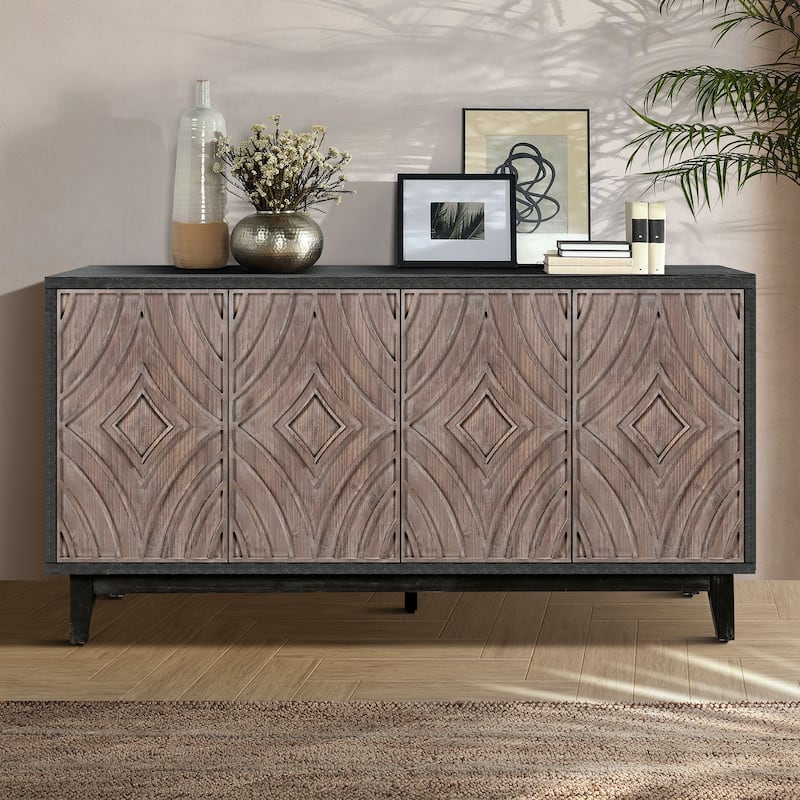 Mid Century Sideboard Buffet Cabinet with Solid Wood Legs 60" Kitchen Storage Cabinet Credenza with 4 Doors and 2 Shelves - Brown