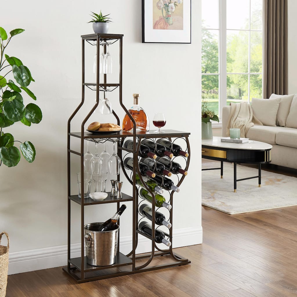 11-Bottle Wine Rack, 5-Tier Freestanding Bakers Rack with Glass Holder and Storage Shelves, Home Bar for Dining Room