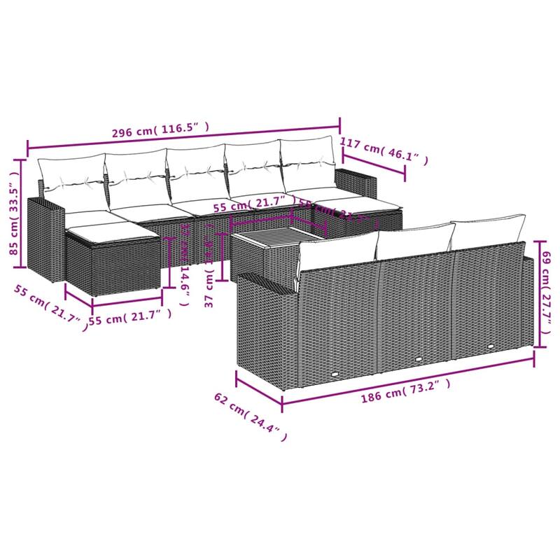 vidaXL Patio Sofa Set with Cushions Outdoor Furniture 11 Piece Poly Rattan - 21.7 x 21.7 x 14.6