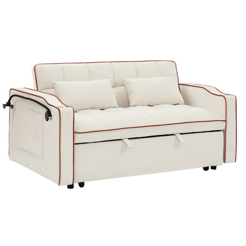 55.51 inch versatile foldable sofa bed, adjustable back, USB port, swivel phone stand (Beige)