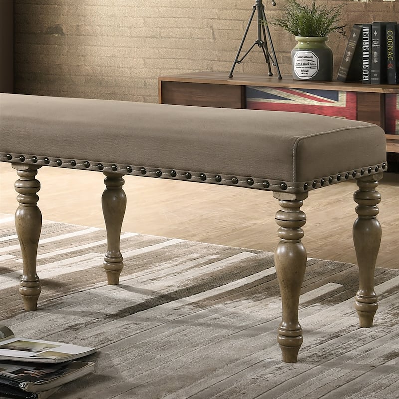 Microfiber Upholstered Bench with Nail Head Trim in Driftwood Finish