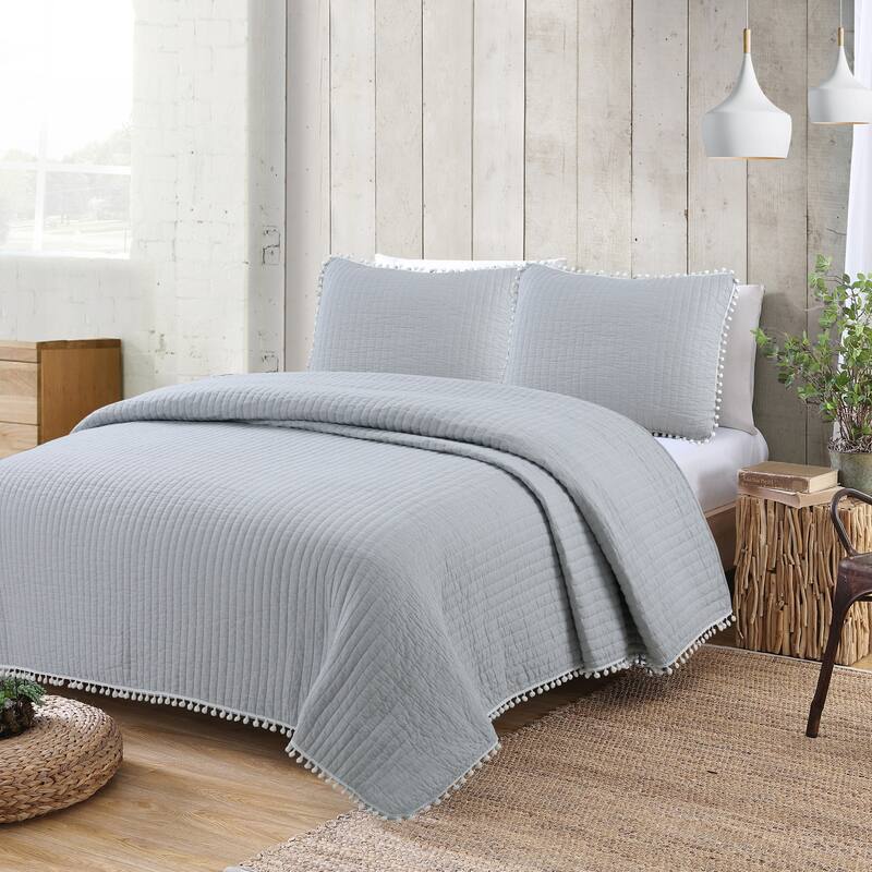 Estate Collection Costa Brava Pom-pom Cotton Quilt Set - Grey - Oversized King