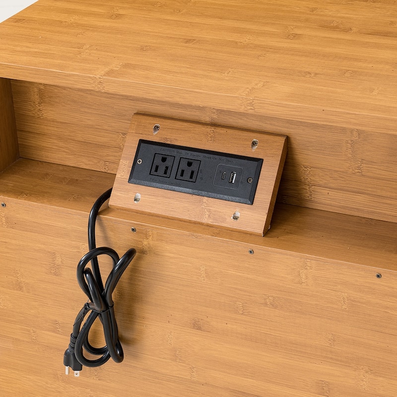 Rossetta Mid-Century Minimalist Style Built-In Charging Station Nightstand with Small Archway Mirror Cuts Drawer Doors