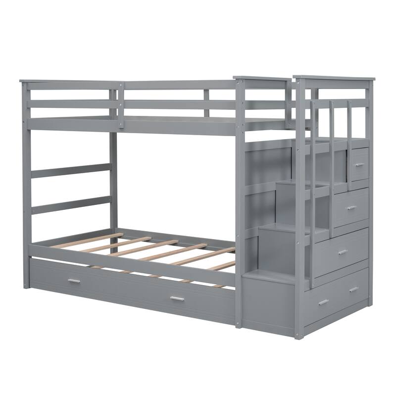 Twin Over Twin Bunk Bed with Trundle and Staircase, Gray