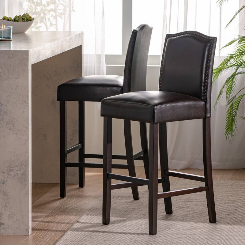 Darren Contemporary Upholstered Barstools with Nailhead Trim (Set of 2) by Christopher Knight Home - Brown, Bonded Leather