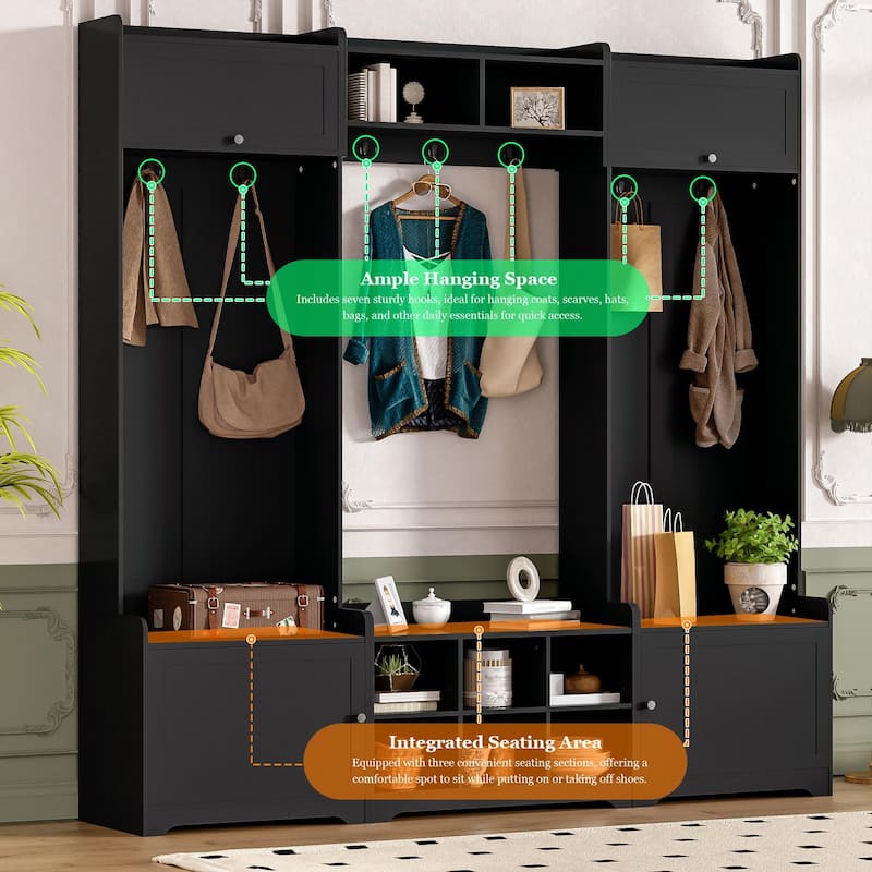 79.1'' Wide Modern Hall Tree with 8 Cubbies, 7 Coat Hooks & Adjustable Shelf