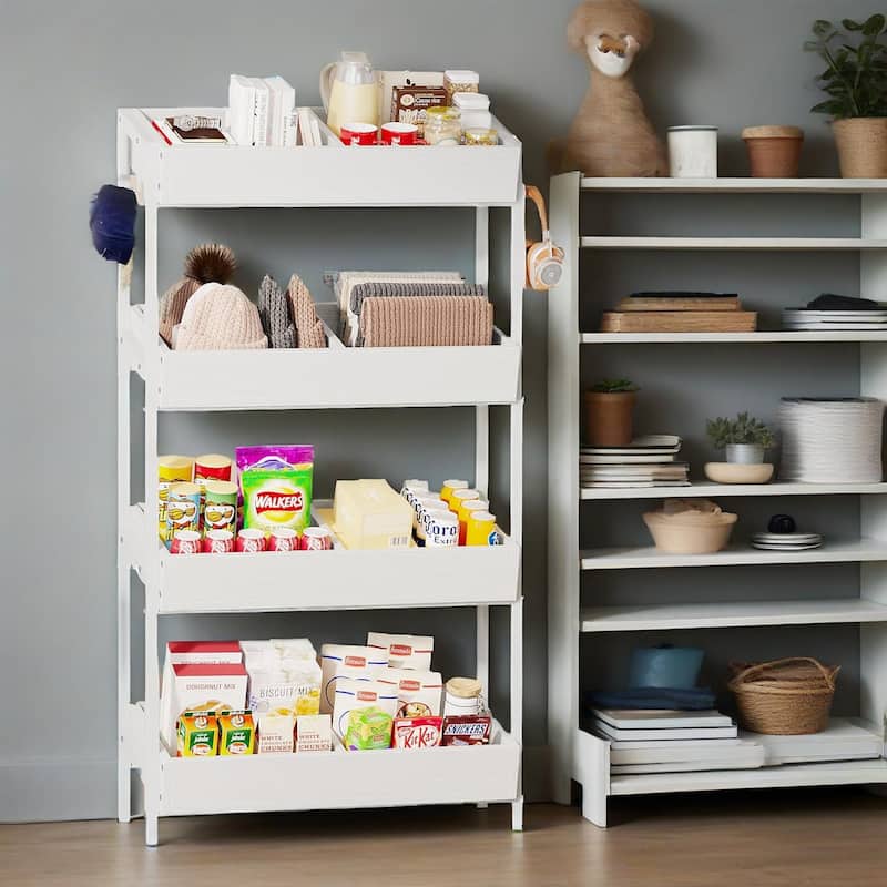 4 Tier Retail Display Rack Stand with Particleboard Shelves Metal Frame and Hooks for Store Kitchen or Office Organization