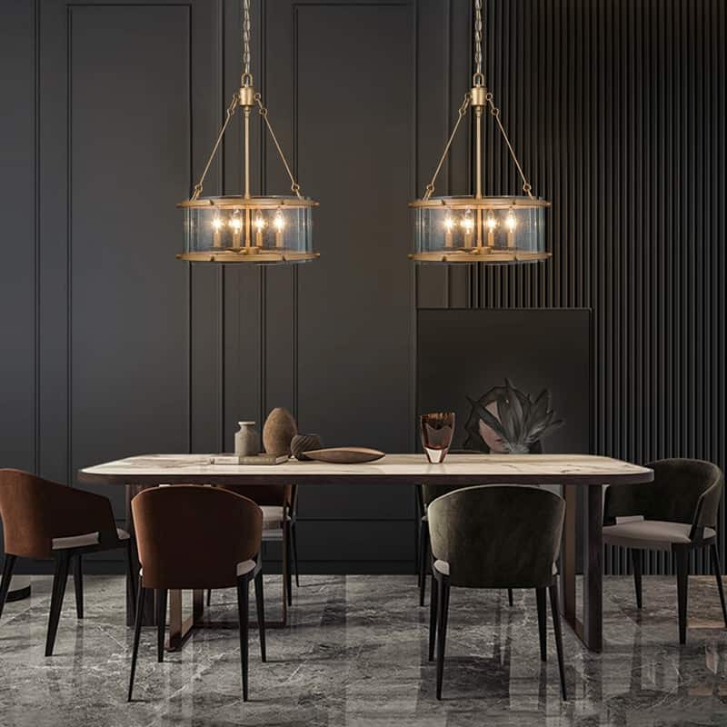 Mid-century Modern 4-light Drum Chandelier Seeded Glass Shade Foyer Pendant for Dining Room - D16.9'' x H82''