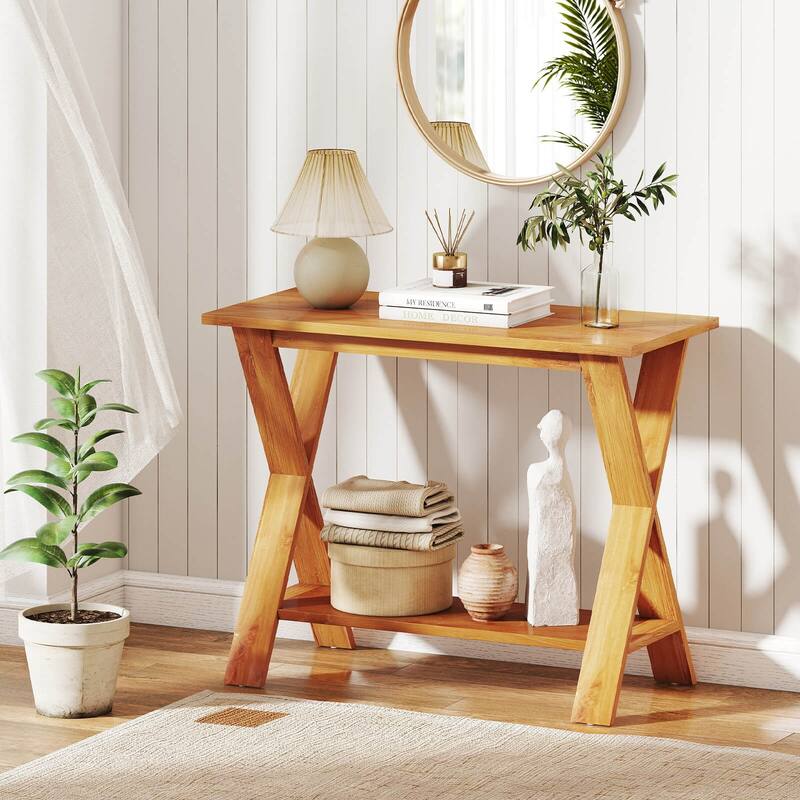 Costway 35.5-Inch Long Entryway Table with Storage Shelf Solid Teak - See Details