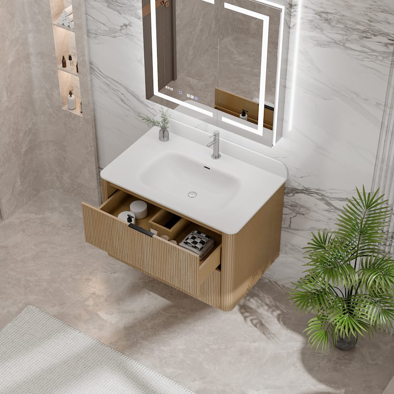 Modland Fluted Floating Vanity with Sink, Plywood Wall Mount Cabinet, Curved Edge, 24/30/36 Inch