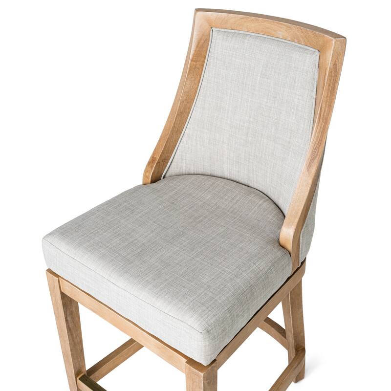HomeRoots 26" Beige and Natural Fabric and Solid Wood Counter Height Swivel Bar Chair