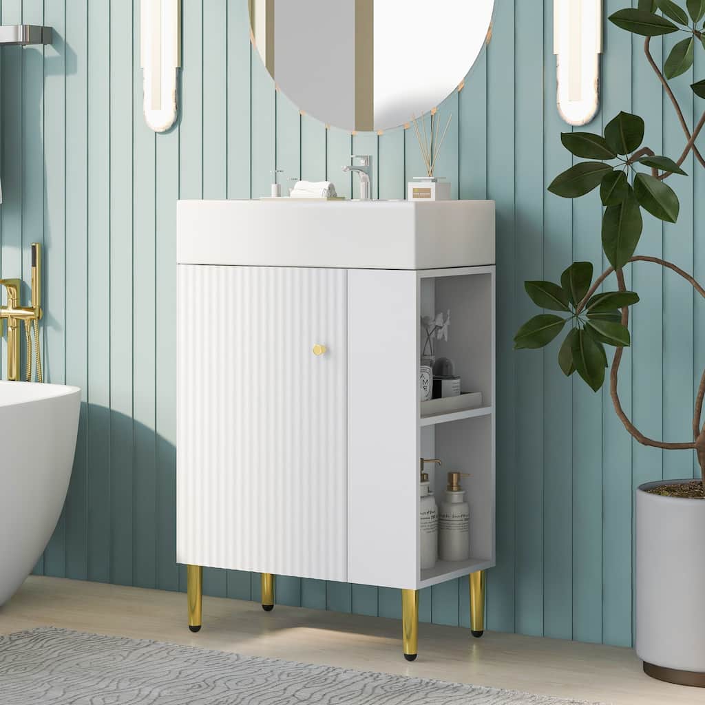 21.6" White Bathroom Vanity, Bathroom Storage Cabinet with Single Ceramic Sink, Right Side Storage